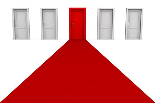 line of five doors, one red door in the middle - red carpet to the red door