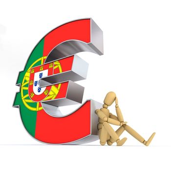 doll/lay figure sitting at/next to a metal Euro sign wondering - euro surface is textured with the portuguese flag