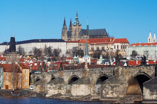 Prague castle, founded about 880 - Cathedral of St Vitus and basilica St George
Charles bridge - the oldest preserved Prague bridge, founded by Charles IV in 1357. Gothic style. 
Prague, Czech republic, Europe.