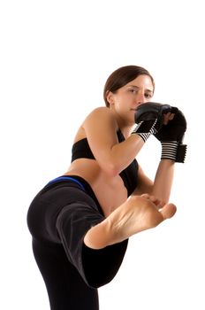 An image of a woman in gym clothes, with boxing gloves, strength and fitness