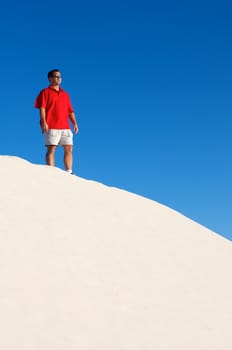 An image of a man atop a sand dune