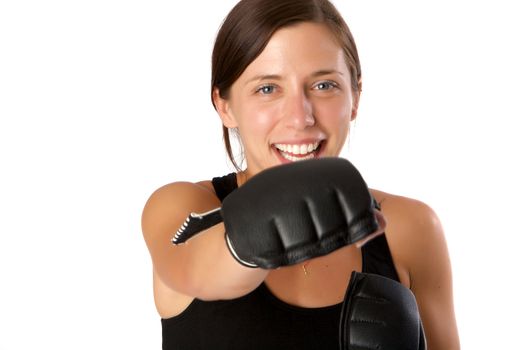 An image of a woman in gym clothes, with boxing gloves, strength and fitness