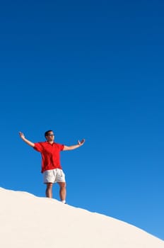 An image of a man atop a sand dune