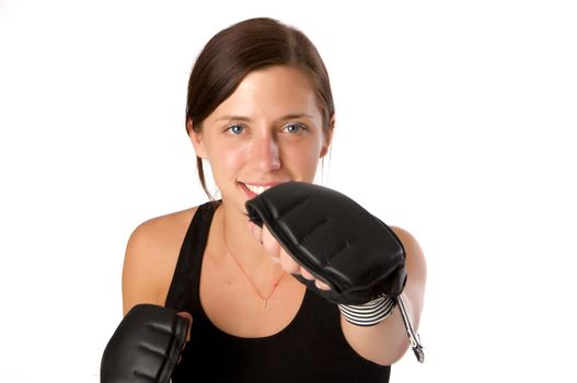 An image of a woman in gym clothes, with boxing gloves, strength and fitness