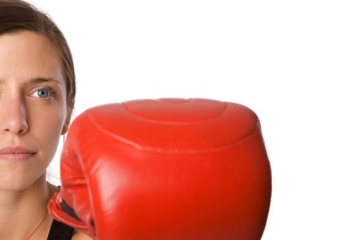 An image of a woman in gym clothes, with boxing gloves, strength and fitness