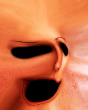 A highly distorted human face that would be suitable for Halloween concepts.