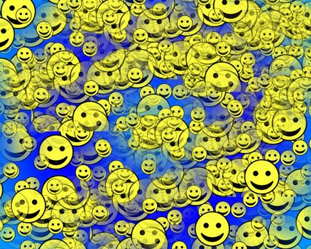 A multitude of happy faces with varying degrees of transparency and scale.
