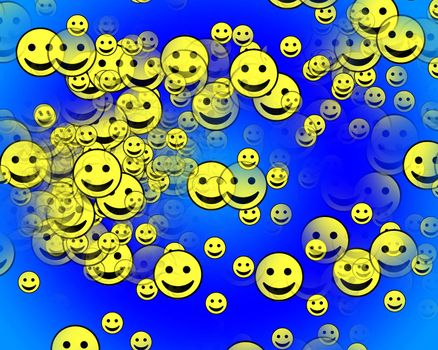 A multitude of happy faces with varying degrees of transparency and scale.
