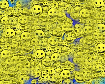 A multitude of happy faces with varying degrees of transparency and scale.
