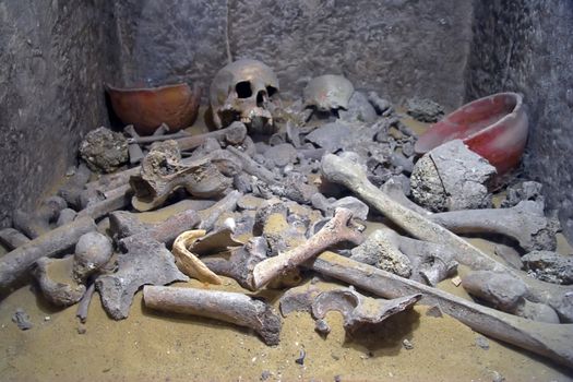 Ancient human death grave, tomb with pot