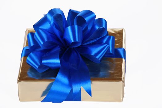 Gold present with blue ribbons and bow