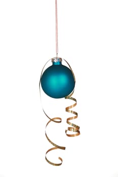 Beautiful blue ornament with ribbon  hanging in curls