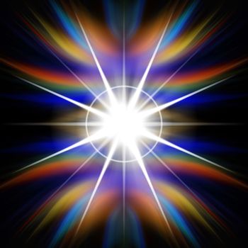 Bright rainbow colored flash of light or lens flare burst over a black background.