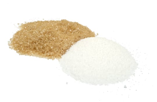 brown sugar and white sugar on a white background