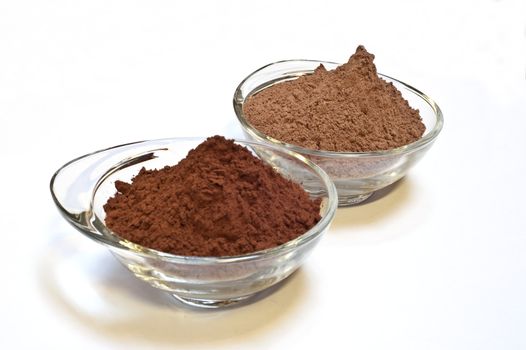 cocoa cake and cocoa powder on a white background