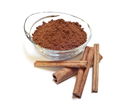 cocoa and cinnamon on a white background