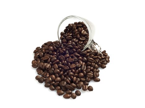 Inverted cup of coffee beans on white background
