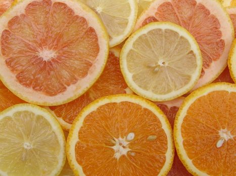 Close up on various citrus fruit slices