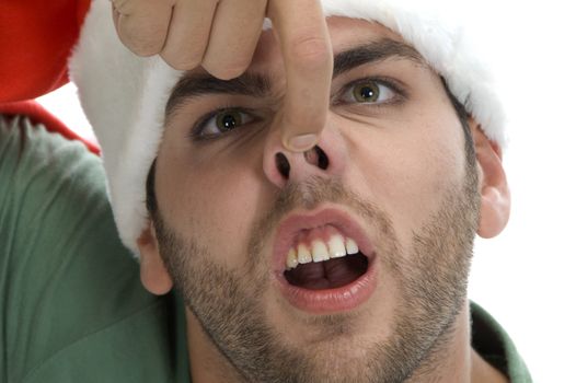 man raising his nose on an isolated background