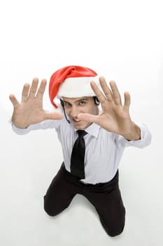 businessman showing his palms on an isolated white background