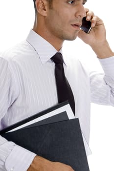 adult american businessman busy on phone call with white background