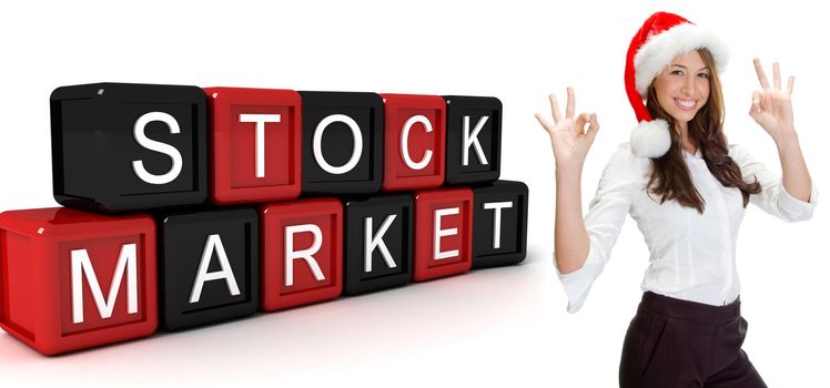 three dimensional building blocks with stock market text and women gesture okay on an isolated white background 