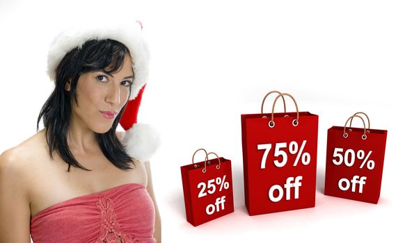 three dimensional shopping bags and sexy woman with santa hat on an isolated white background