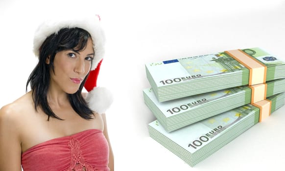 three dimensional currency bundles stack and woman with santa hat on an isolated white background