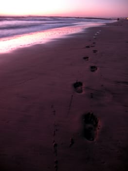 footprints in the sand, at the beach, at sunset