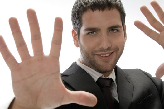 young man with hand gesture isolated on white background