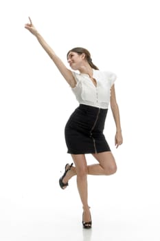 posing lady indicating upside on an isolated white background