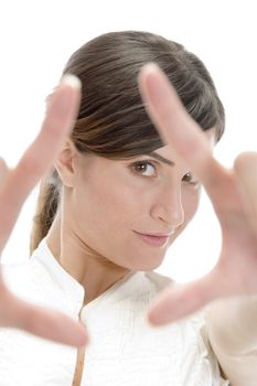 lady showing directing hand gesture with white background