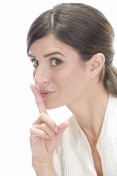 lady instructing to be silent with white background