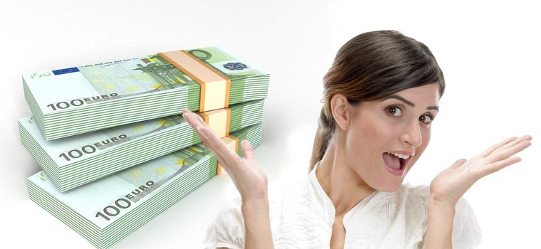 surprised business woman and three dimensional bundles of europian currency on an isolated white background