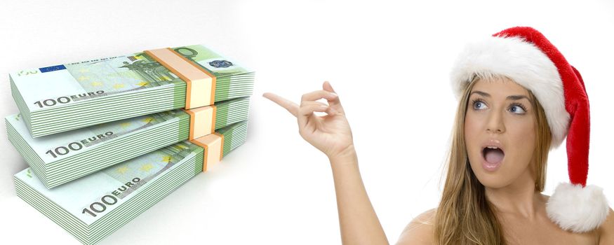 three dimensional bundles of euro money and woman with santa hat on an isolated white background