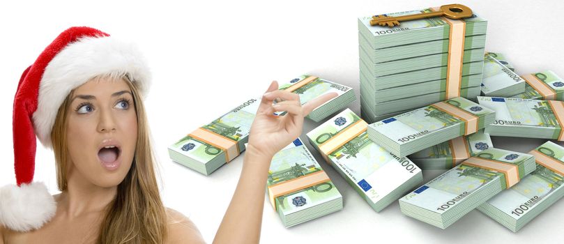 three dimensional  key and bundles of euro money and a sexy lady with santa hat on an isolated white background