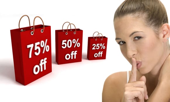 three dimensional shopping bags and woman gesturing quite on an isolated white background