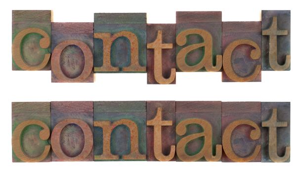 the word contact (two layouts) in old wooden letterpress type blocks, stained by colorful ink, isolated on white