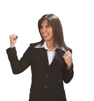 Young businesswoman expressing satisfaction against a white background.