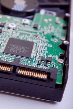 Closeup of computer motherboard with details. 