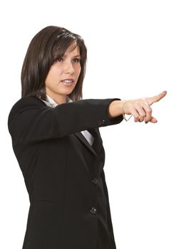 Businesswoman pointing her finger against a white background.Shot with Canon 70-200mm f/2.8L IS USM