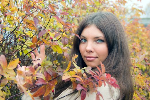 Beautiful romantic brunette with golden autumn leaf close-up portrait