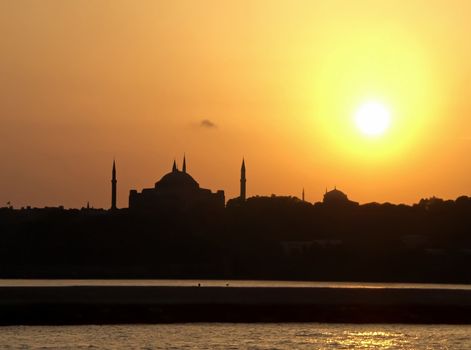 This image shows a mosque in Istanbul with sunset