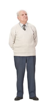 Senior man wearing a sweater standing-up against a white background.