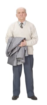 Senior man holding a coat on his arms and standing-up against a white background.