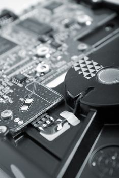 Closeup of computer motherboard with details. 