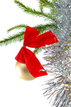 Tree branch, baubles and christmas gift.