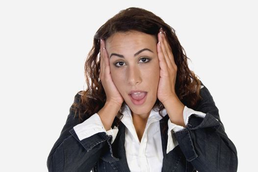 lady holding head against white background