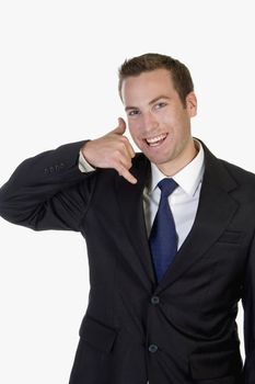 businessman posing calling hand gesture with white background