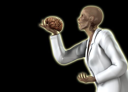 A anatomical women holding her own brain.